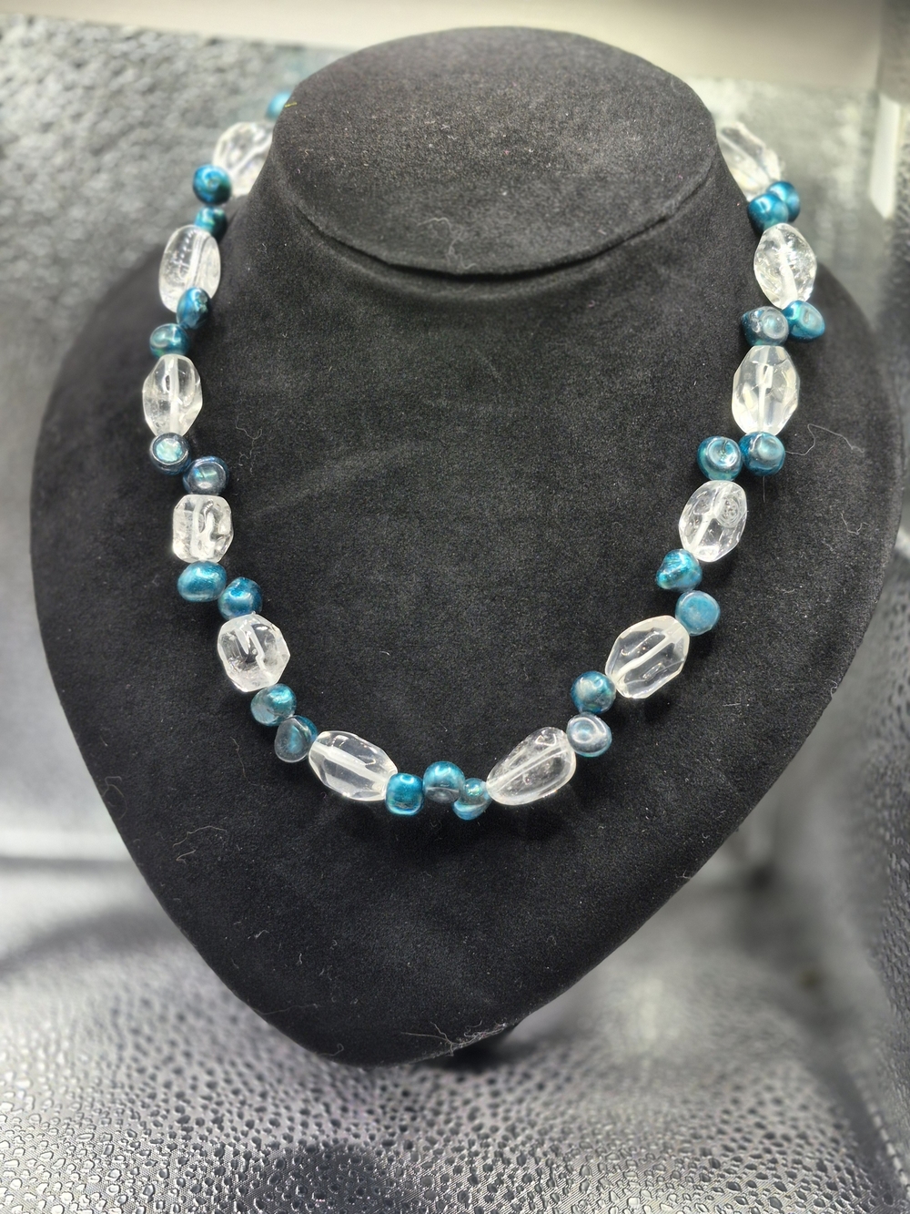 Genuine Crystal Clear Quartz And Navy Blue Freshwater Pearl Necklace